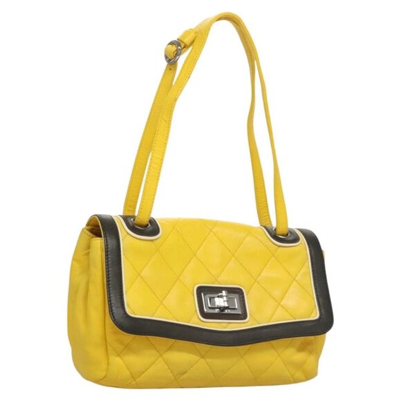 CHANEL Matelasse 2.55 Shoulder Bag Lamb Skin Yellow Silver CC Auth bs25489 - Picture 1 of 16